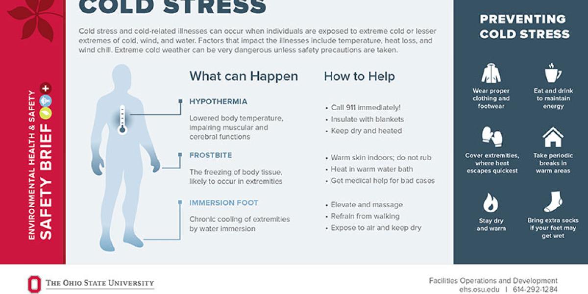 chart that shows what happens during hypothermia, frostbite, or immersion foot.  Prevent cold stress by wearing proper clothing and footwear, eating and drinking to maintain energy, taking periodic breaks indoors, and staying dry and warm.