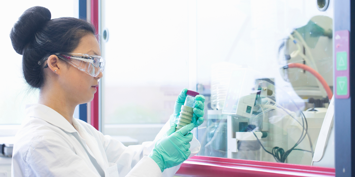 woman wearing personal protective equipment near fume hood