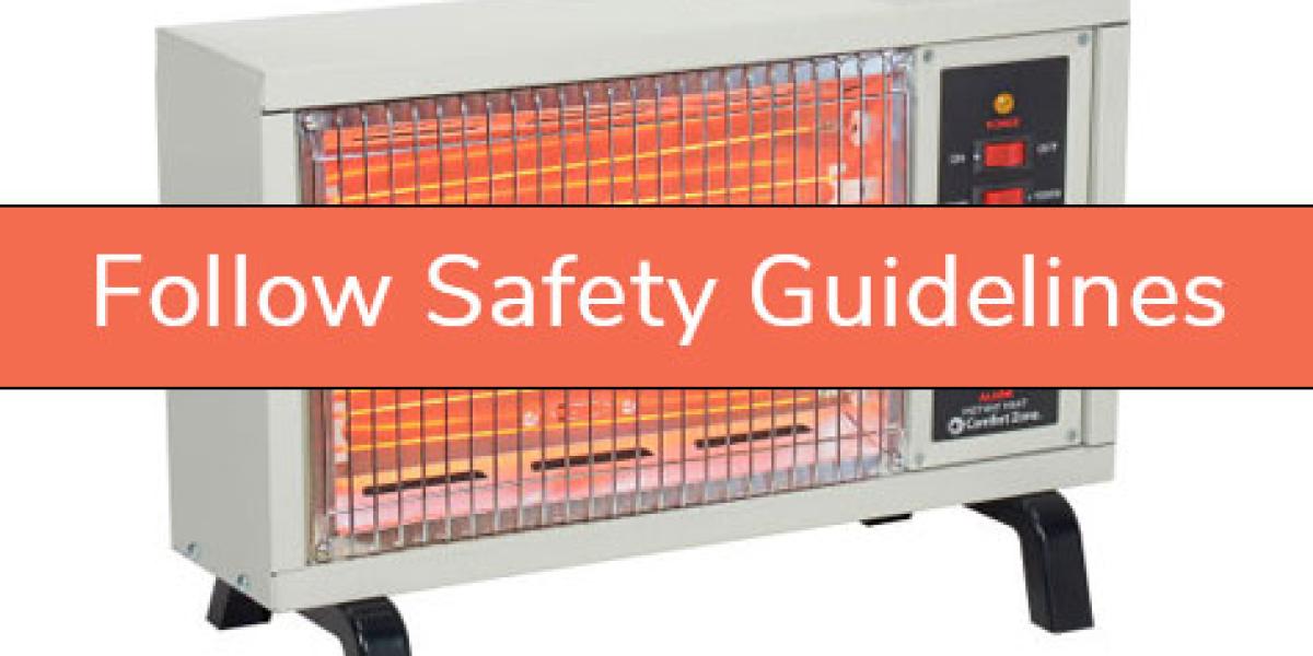 space heater with a banner that says to follow safety guidelines