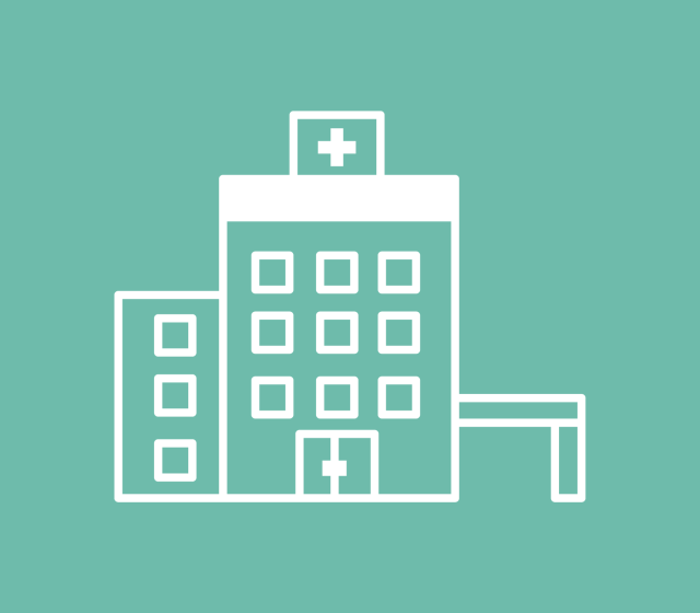 Line art of a hospital.