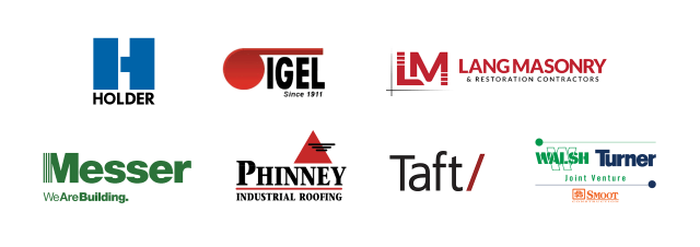 Logos of the 2024 EHS Safety Day sponsors. Companies include: Holder Construction, Igel Construction, Lang Masonry, Messer Construction, Phinney Industrial Roofing, Taft Law, Walsh Construction and Turner Construction