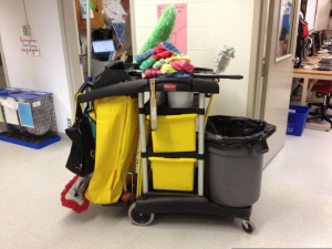 Custodial cart in a hallway.